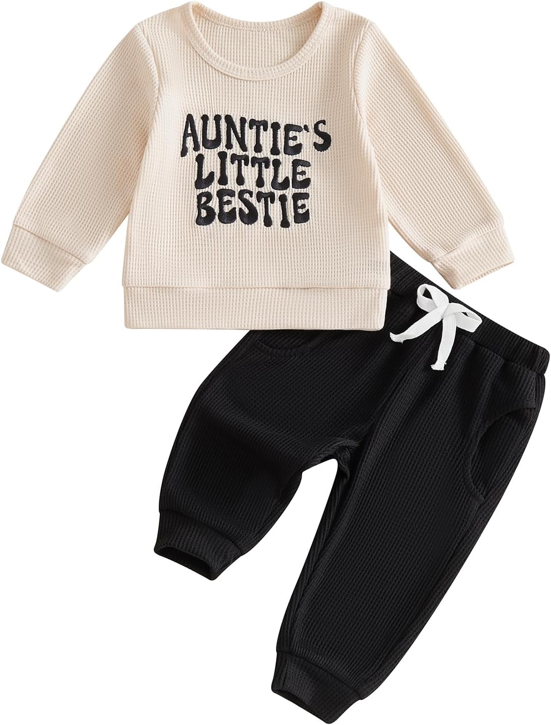 Aunties Bestie Baby Outfit Toddler Boy Long Sleeve Pullover Tops and Waffle Pants Set 2Pcs Infant Fall Winter Clothes