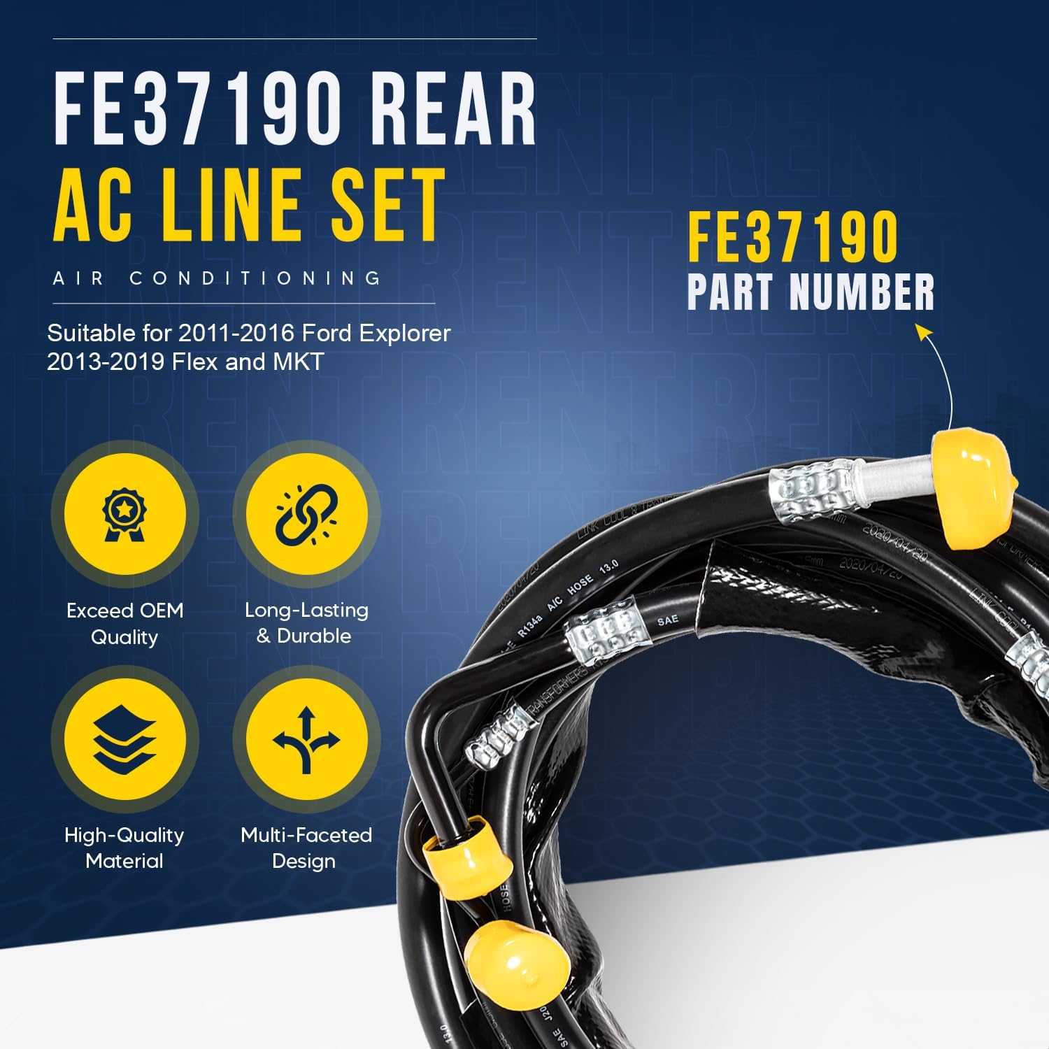 FE37190 Upgraded Rear AC Line Set, Air Conditioning Hoses Replacement Lines with Nylon Cable Ties Fit for 2011-2016 Ford Explorer, 2013-2019 Flex and MKT Rear High-Pressure Auxiliary AC Hose Kit
