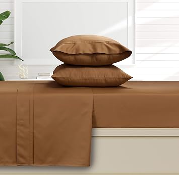 Tribeca Living Queen Flat Sheet, Soft Egyptian Cotton Sateen Solid Sheets, Oversized, 500 Thread Count, Luxury Bedding, Cafe