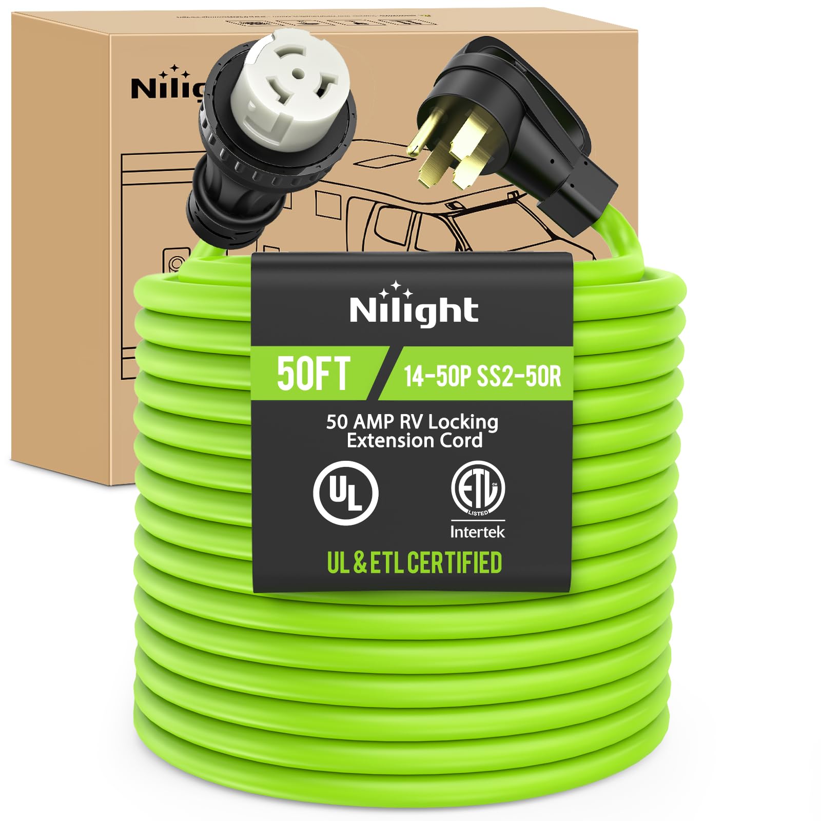 Nilight 50FT 50 Amp RV Locking Extension Cord 6/3+8/1 Gauge 14-50P SS2-50R