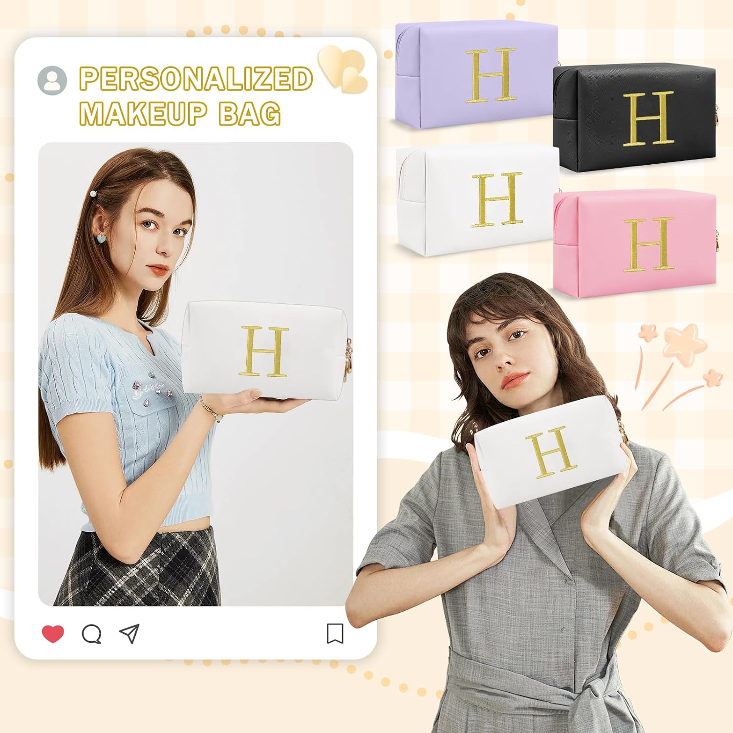 Personalized Gift Initial Makeup Bag,Preppy Gold Embroidered Letter Cosmetic Bag Stocking Stuffers for Teen Girls,Small Travel Toiletry Bag,Custom Christmas Birthday Gift for Women Mom Kids(White-H) image 4