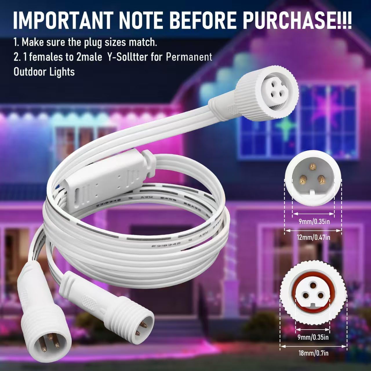 Y Splitter Connector - 1Female to 2 Male Extension Cord for Govee H705A H705B H705C 3 Pin Permanent Outdoor Lights (1Female to 2 Male)