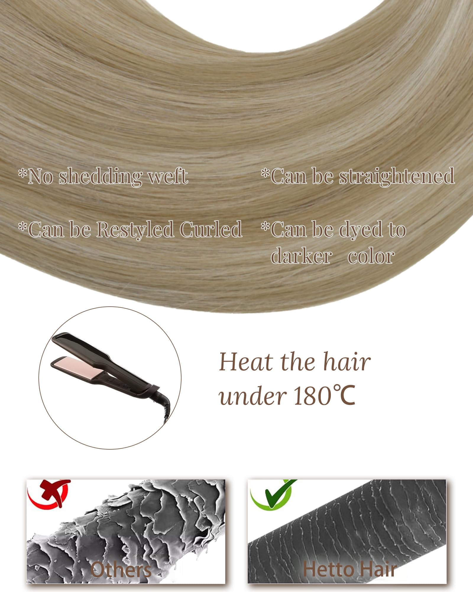 Hetto Tressen Echthaar, Mittelblond & Hellblonden Highlights, 45cm, 100g | 100% Remy Haar, Stylbar, knotenfrei, Fur Sew-in/Tape/Clip, Leicht, Langlebig, Natürlicher Look Haarverlängerung