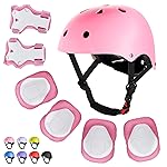 WayEee Kids Bike Helmet Set Skateboard Knee Pads, Helmet Pad Set Protective Gear Set Adjustable for Girls Kids 3-14 Helmet Elbow Pads Wrist Guards for Sport Cycling Bike Roller Skating Scooter, Pink