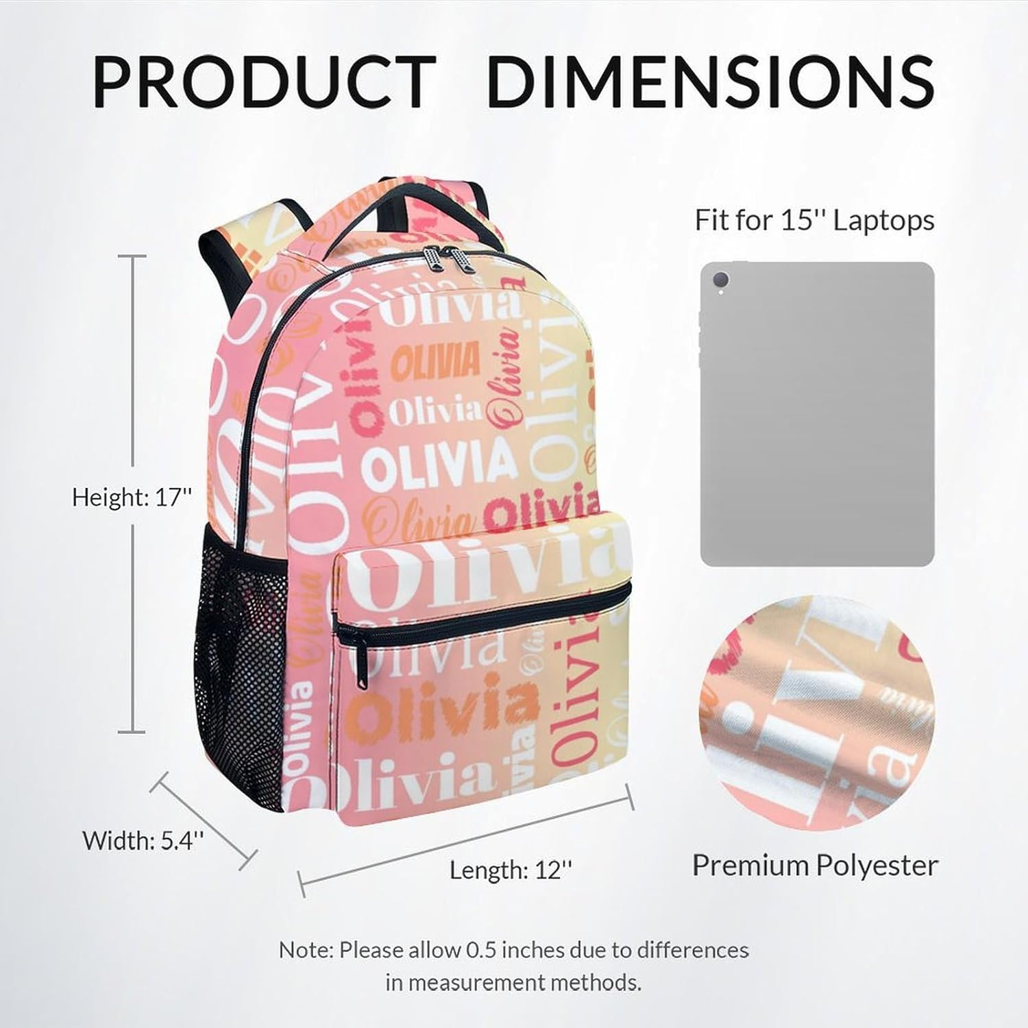 Girls Backpack - Personalized Name Bookbag for School, Travel - 17 Inch Custom School Bag for Kids
