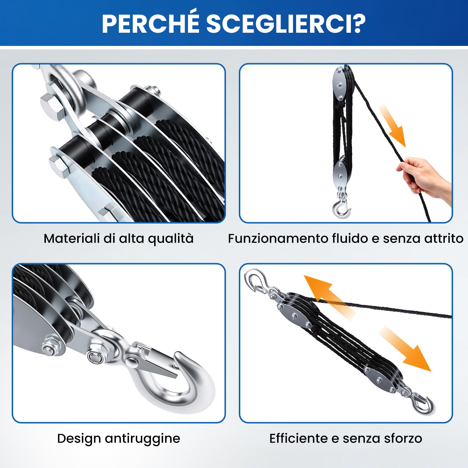 Puleggia per carichi pesanti, Carrucola per Sollevamento con polipropilene Corda da 20m, 8:1 rapporto di forza di sollevamento, capacità di carico di 4400 libbre, per garage magazzini