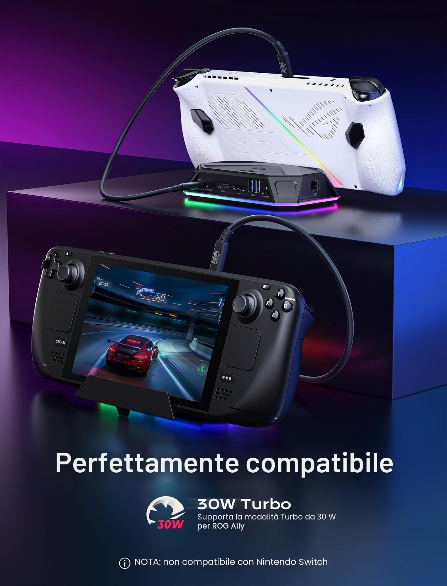 JSAUX Docking station RGB per Steam Deck OLED, ROG Ally e Legion Go, dock 12 in 1 con 4K 120Hz HDMI e DisplayPort, Gigabit Ethernet, USB C 3.2, USB A 3.2 e 2.0, slot SD TF, audio da 3,5 mm, nero