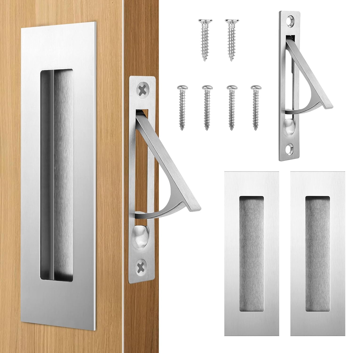 HBL' Pocket Door Hardware Set – 2 Recessed Flush Finger Pulls & 1 Edge Pull, Made of 304 Stainless Steel, Template Included, Silver. ?1 Pack Recessed Pull Handle + Edge Handles Silver