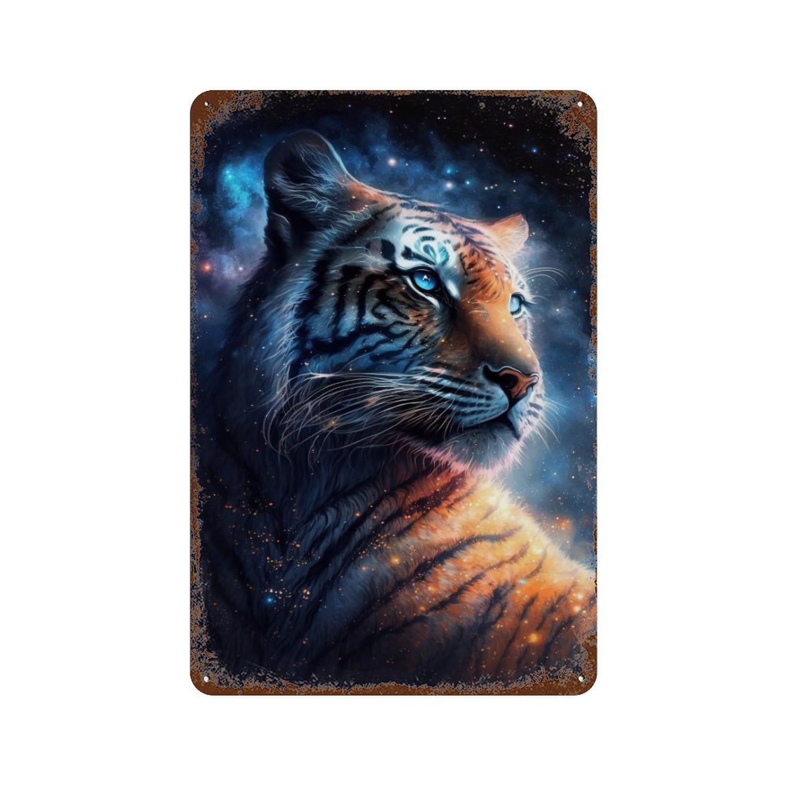 Galactic Tiger Portrait-26 Distressed Metal Wall Sign 11.8"x7.9", Ideal for Pub, Kitchen And Man Cave Decor