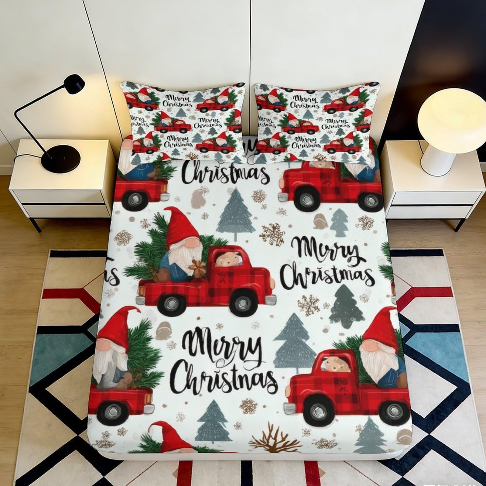 3D Printed Christmas Santa Tree Truck Fitted Sheet Microfiber Deep Pocket Non-Slip Xmas Bedroom Mattress Fitted Cover for Adults Teens 200x200x25cm 90x200x25cm