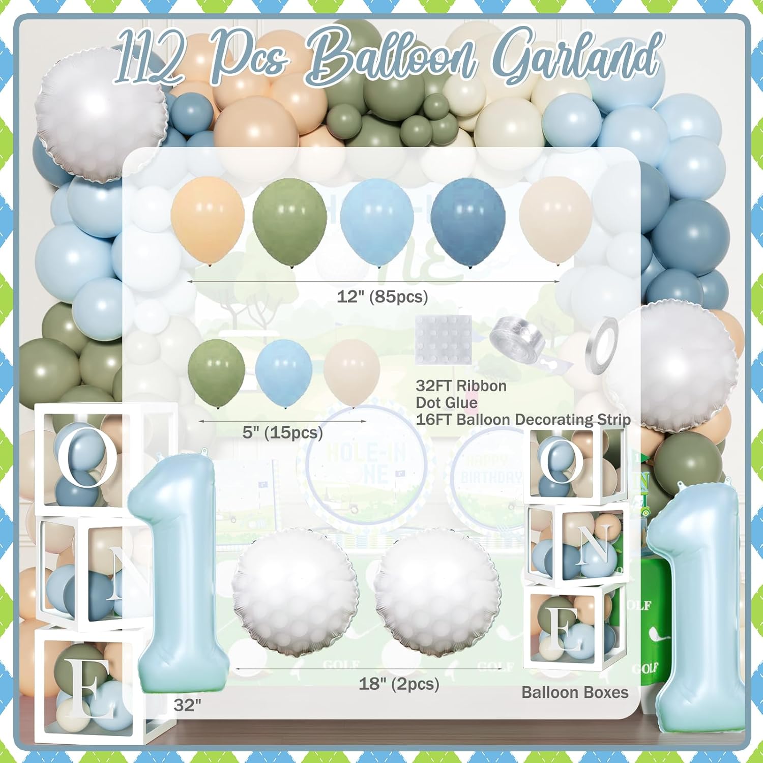 Hole in One Birthday Decorations, 219 PCs Golf First Decoration for Boy 1 Year Old Party Supplies Tableware Set with Balloon Boxes, Plates and Napkins, Photo Banner, Backdrop, Tablecloth Cake Topper