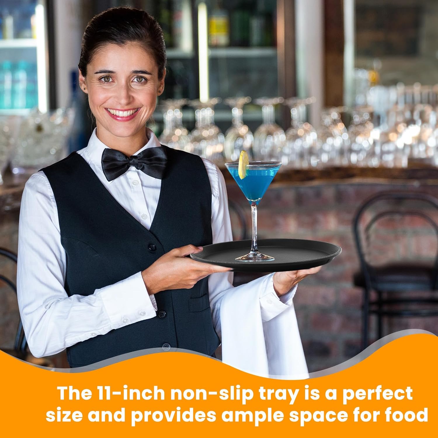 12 Pcs Black Restaurant Serving Trays Bulk Plastic Non Slip Surface Round Drink Tray with Raised Edges for Food Meals Drink Bar Kitchen Hotel Cocktail Party (11 Inch)