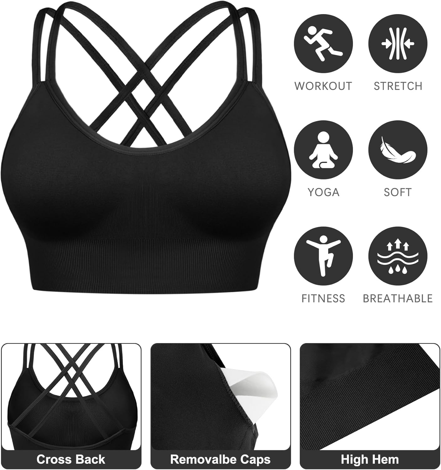Sykooria Women's Sports Bra High Support Cross Back Yoga Bra Sexy Wireless Padded Bras Supportive Workout Tops with Padding