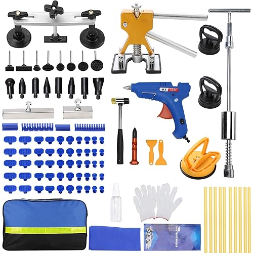 97PCS Dent Puller Kit, Paintless Auto Body Dent Repair Kit with Golden Lifter, Slide Hammer T-bar Dent Puller, Bridge Puller, Suction Cup and Glue Gun for Car Dent Remove Auto Body Dent Removal Kit