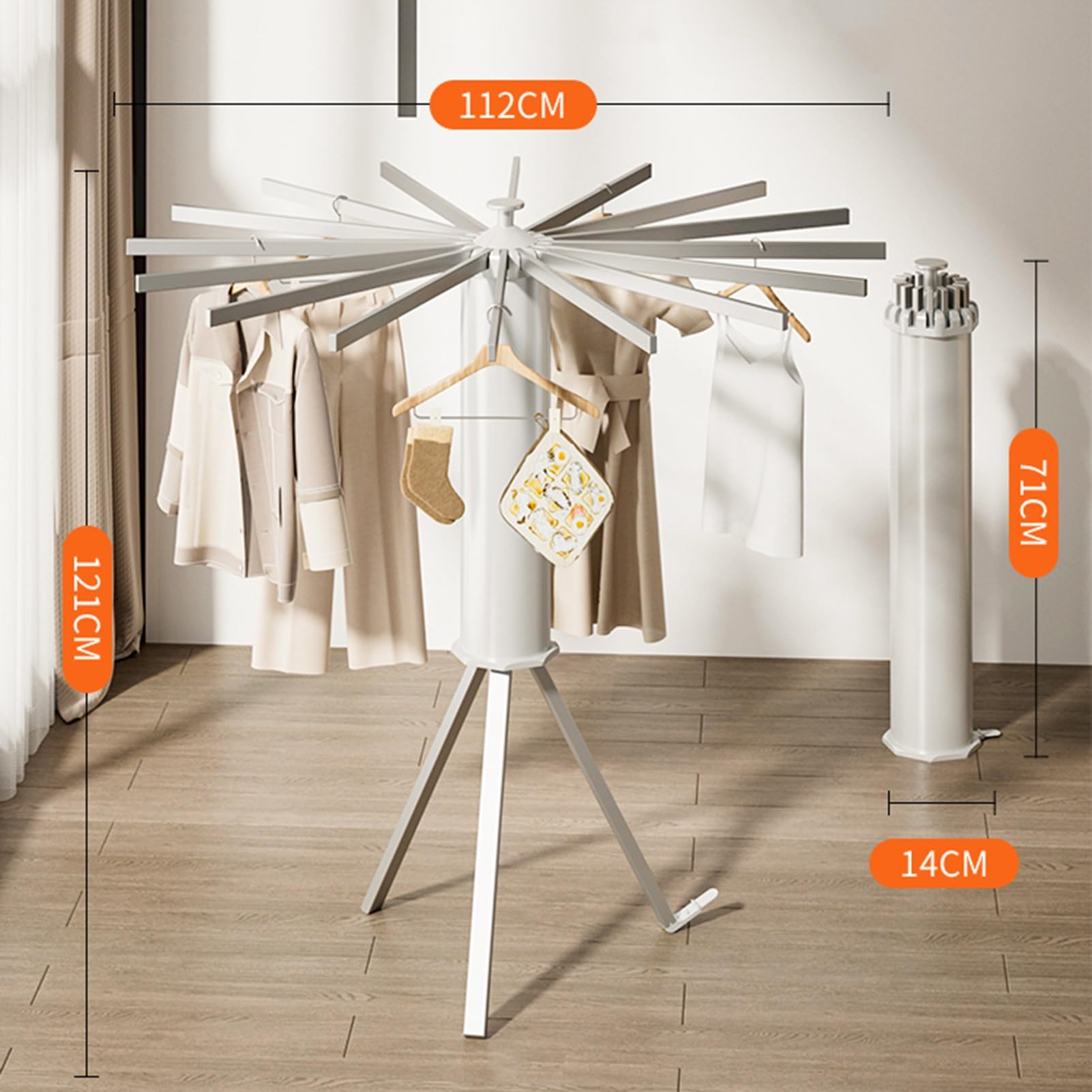 Wäscheständer, faltbares Outdoor-Stativ, Zylinder-Design mit 16 erweiterbaren Stangen für effizientes Trocknen