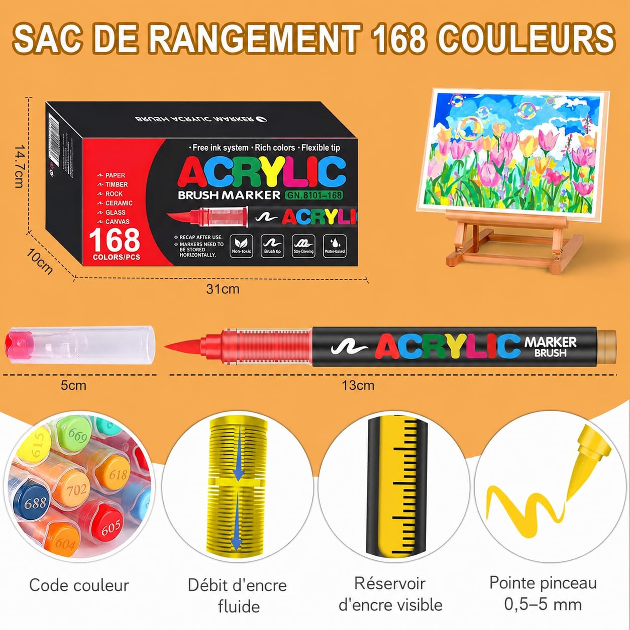 Melifluo Feutre Acrylique Lot de 168 Couleurs à Pointe Pinceau – Marqueur Peinture Acrylique Adulte, Encre à l'Eau Couvrante pour Pierre, Verre, Bois, Tissu, Toile – Coffret Cadeau Loisirs Créatifs