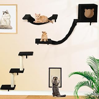 Cat Wall Furniture Set-Cat Wall Shelves Include Cat Hammock, Cat Condo with Cat Bridge, Cat Step with Cat Scratching Post Cat House for Indoor Cat Wall Mounted Cat Tree Black