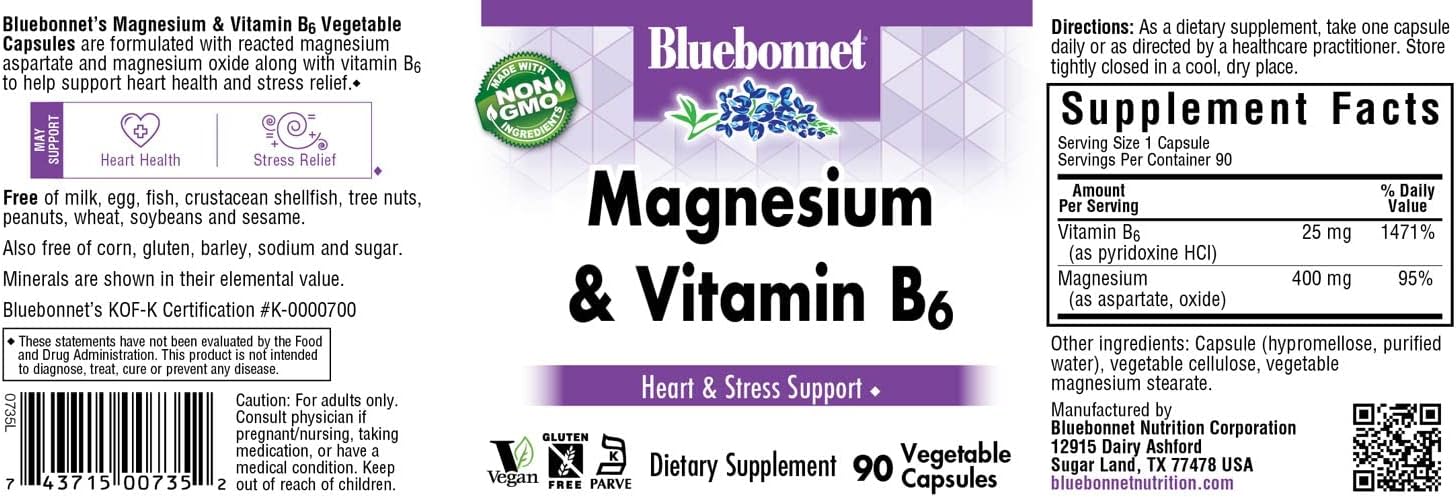 BlueBonnet Magnesium Plus B-6 Vegetarian Capsules