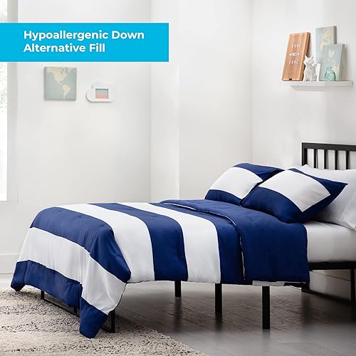 Miniatura 5 de LINENSPA - Edredón de microfibra hipoalergénico, con relleno sintético, para usar todo el año, tamaño individual, azul marinoblanco