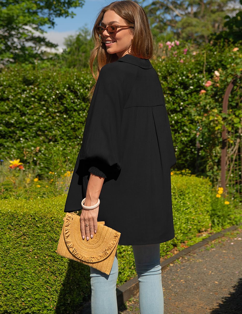TARSE Women Linen Shirt Smocked Cuffed Casual Collar Long Sleeve Oversized Button Down Blouse Tops Boyfriend Shirt