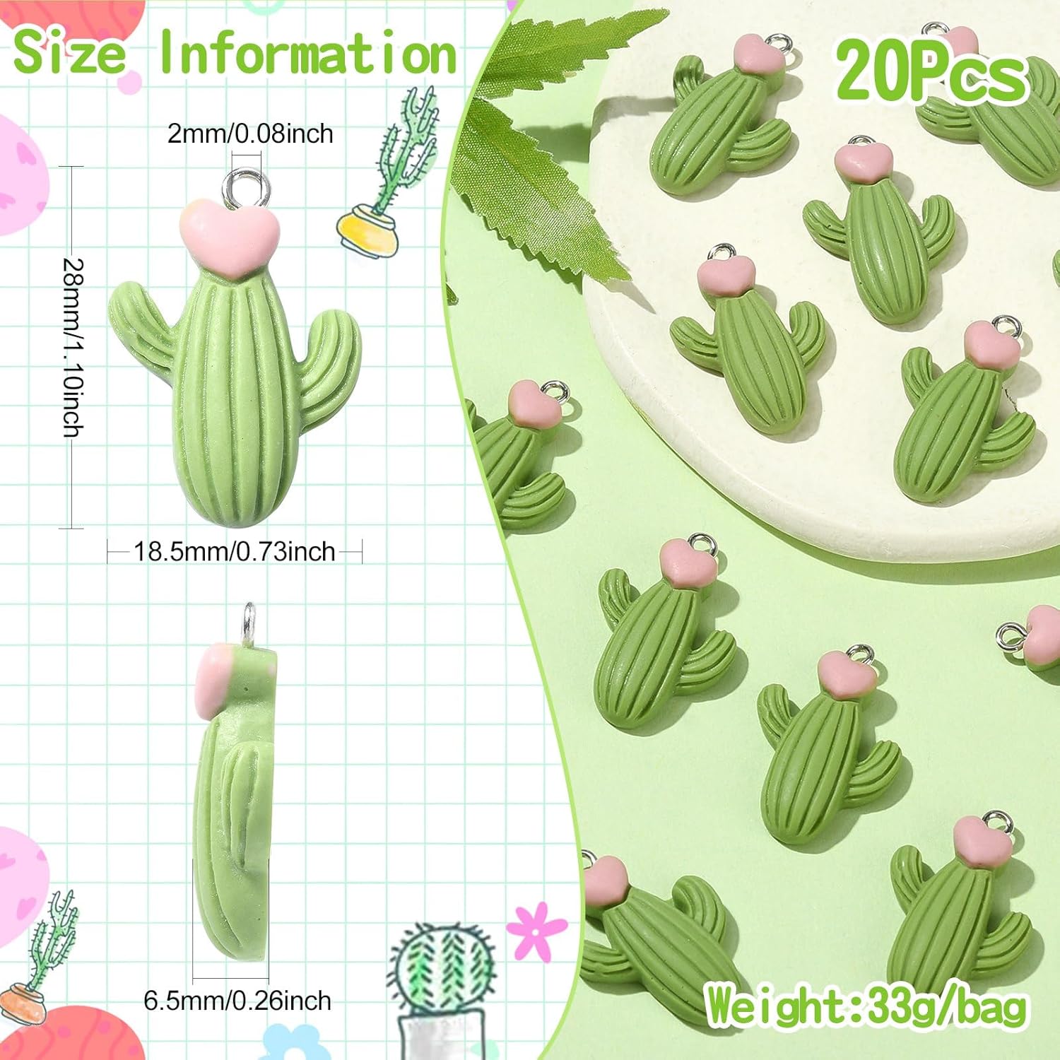 KitBeads 20pcs Resin Cactus Heart Charms for Jewelry Making - Image 2