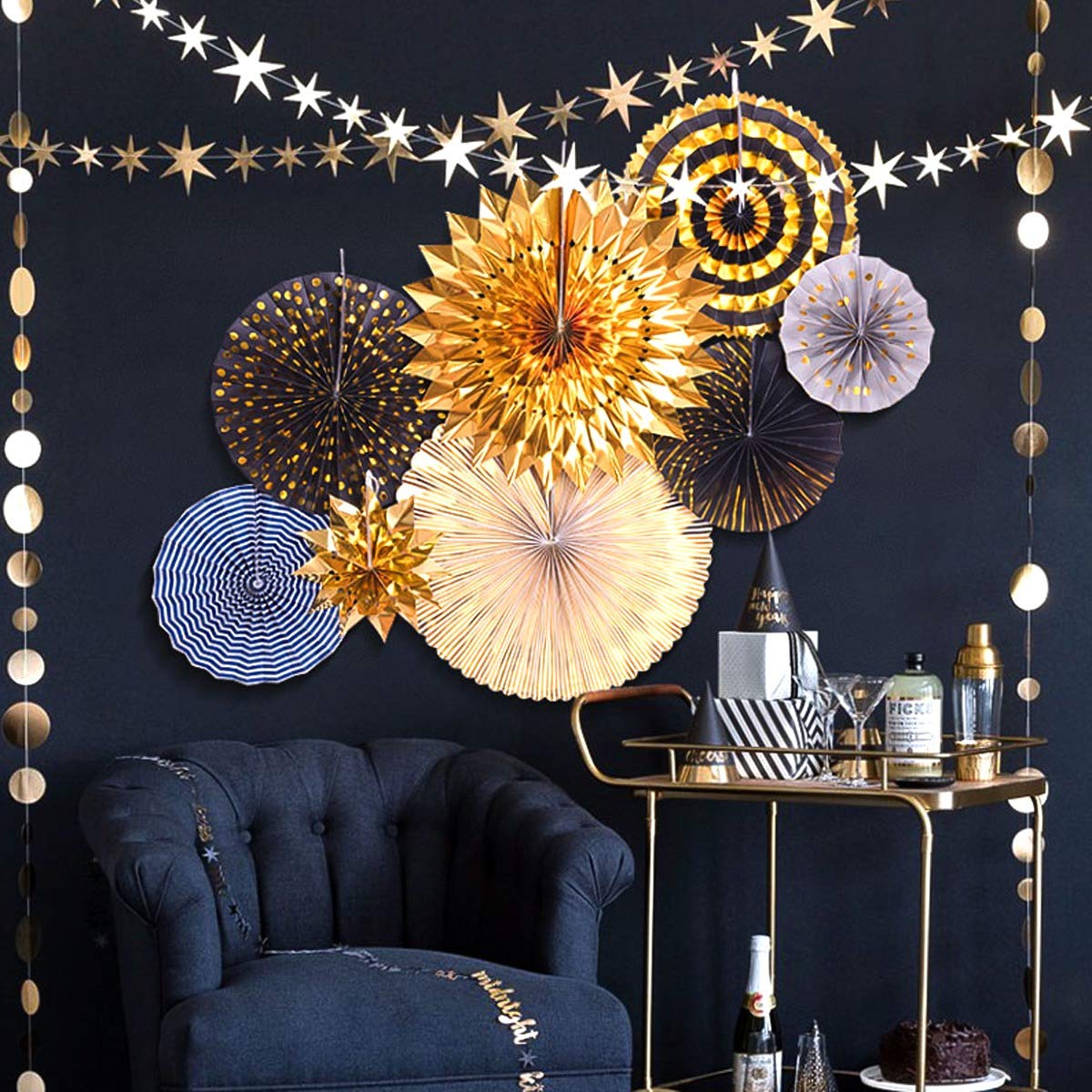 Rozi Decoration Paper Fan for Birthday, Wedding, Anniversary, Bachlorette, Valentine Set of 8 (Black/Gold Theme) 1