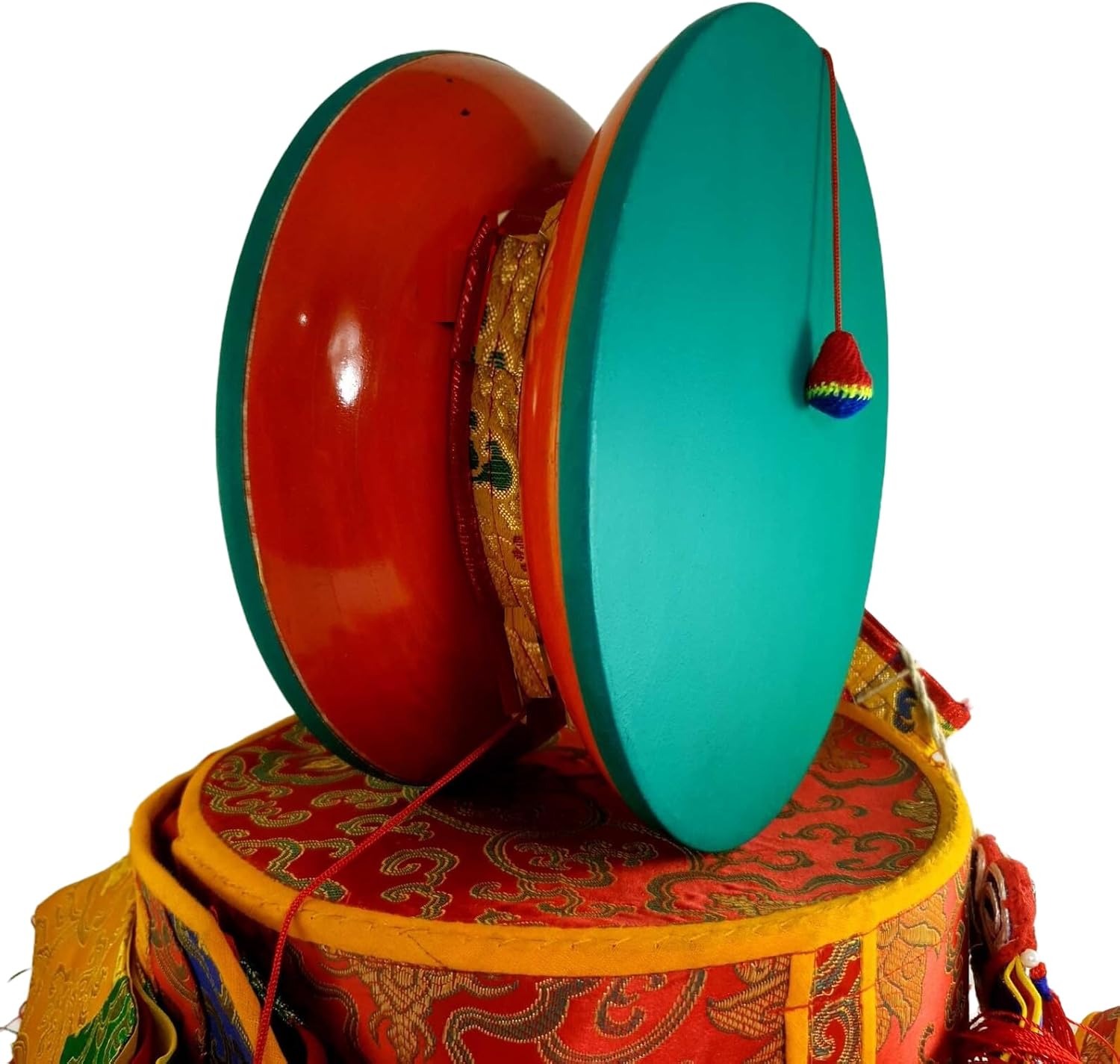 Tibetan Chod Damaru Round, Large, Wooden Leather, With Brocade Damaru Drum Cover Damaru Brocade Tail - Nepali Authentic Design Hand Carved Folk Musical Instrument for All Age Musicians