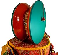 Vista 3 de Chod Damaru tibetano redondo, grande, cuero de madera, con cubierta de tambor de brocado Damaru, cola de brocado de Damaru, diseño auténtico nepalí