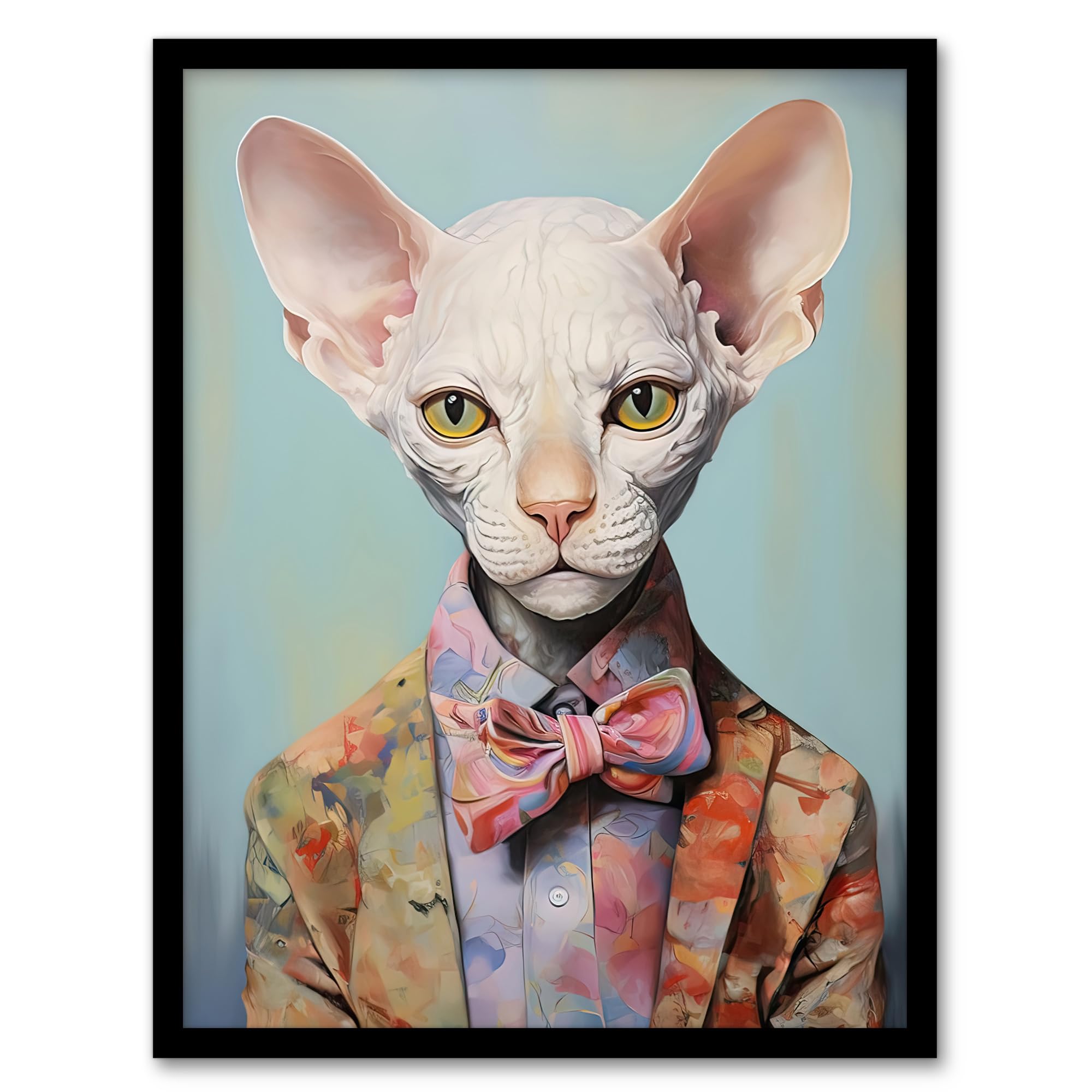 Artery8 Stylish Sphynx Cat Oil Painting Pastel Colour Pet Portrait in Suit and Bow Tie Artwork Framed Wall Art Print A4