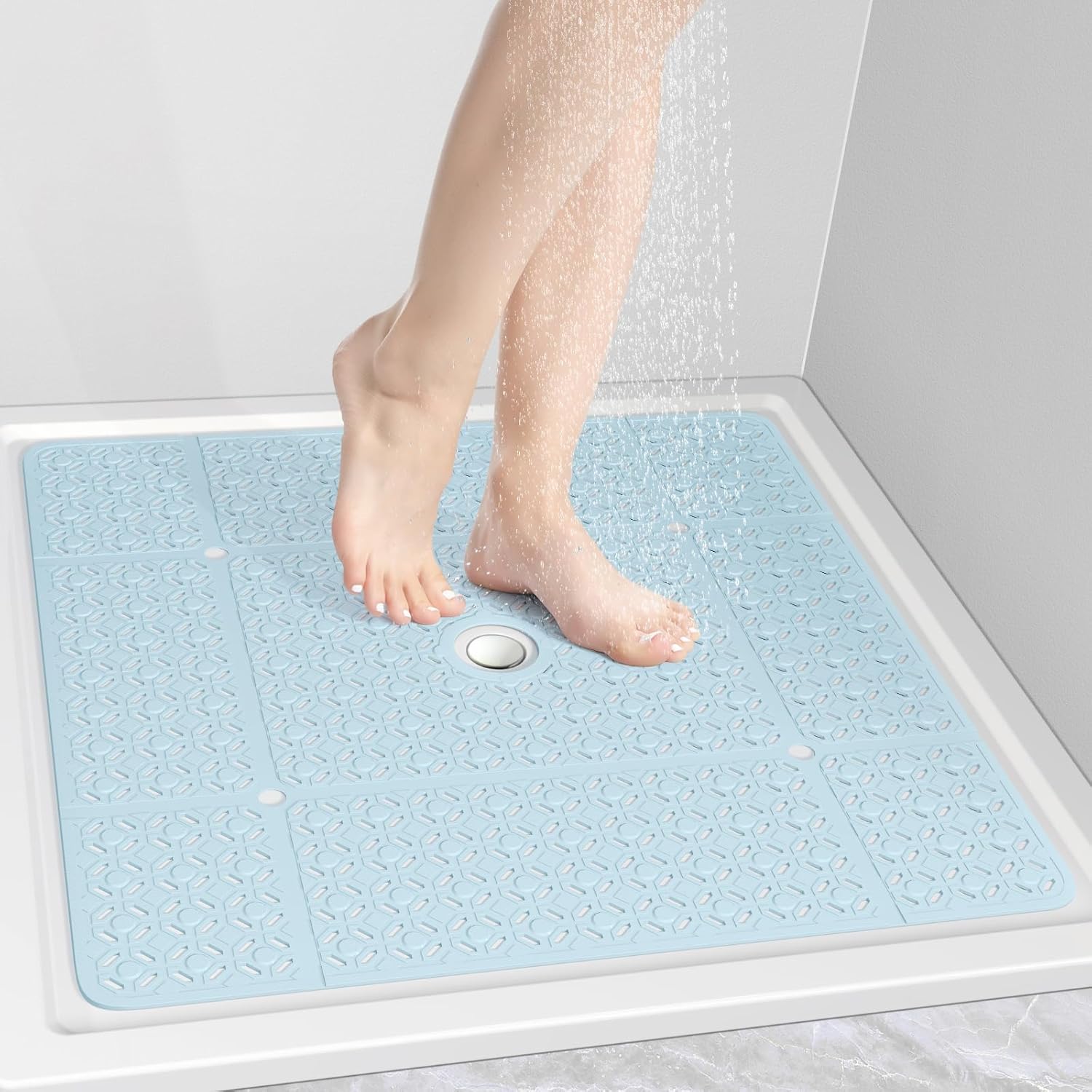 OTHWAY Square Shower Mat, 27"x 27" Extra Large for Inside Shower, TPE Non-Slip Mat With Suction Cups, Drain Holes, Machine Washable Floor Mat (White)