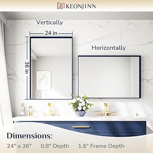 Miniatura 399 de Keonjinn Espejo de baño dorado de 48 x 36 pulgadas, espejo rectangular con marco de metal dorado cepillado, espejo de pared grande rectangular