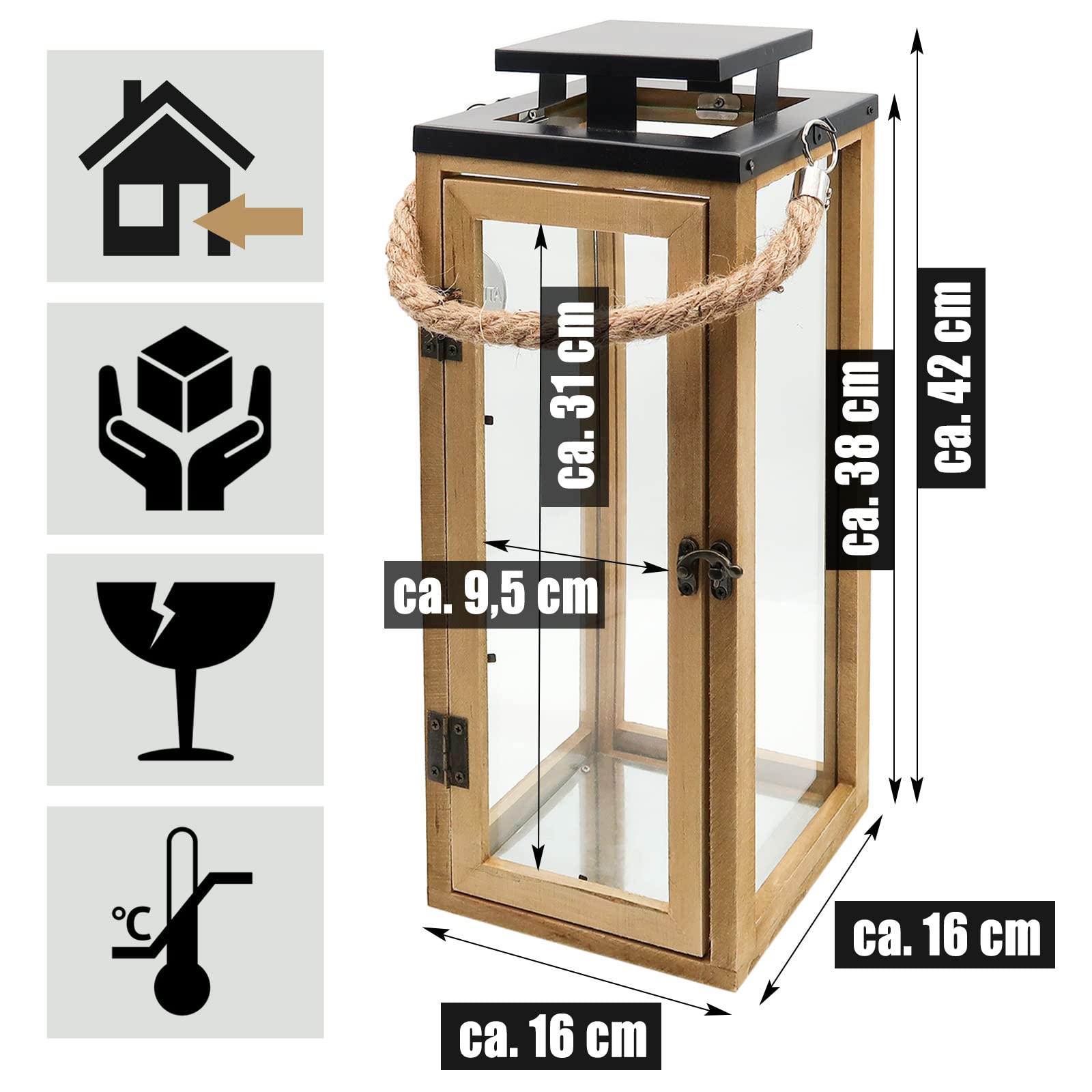 Dekovita 2er-Set Gartenlaterne 30cm / 42cm - Holz-Laternen inkl. Kordel Henkel - Windlicht Deko-Laterne Naturholz