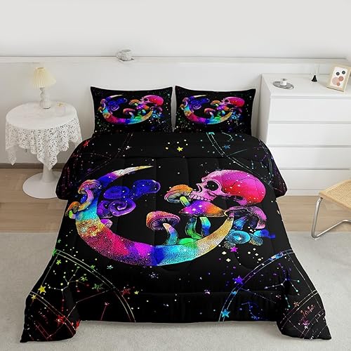 Miniatura 3 de Erosebridal Juego de ropa de cama con estampado de luna bohemia, edredón de calavera de Halloween, estampado de hongos hippies, juego de ropa de