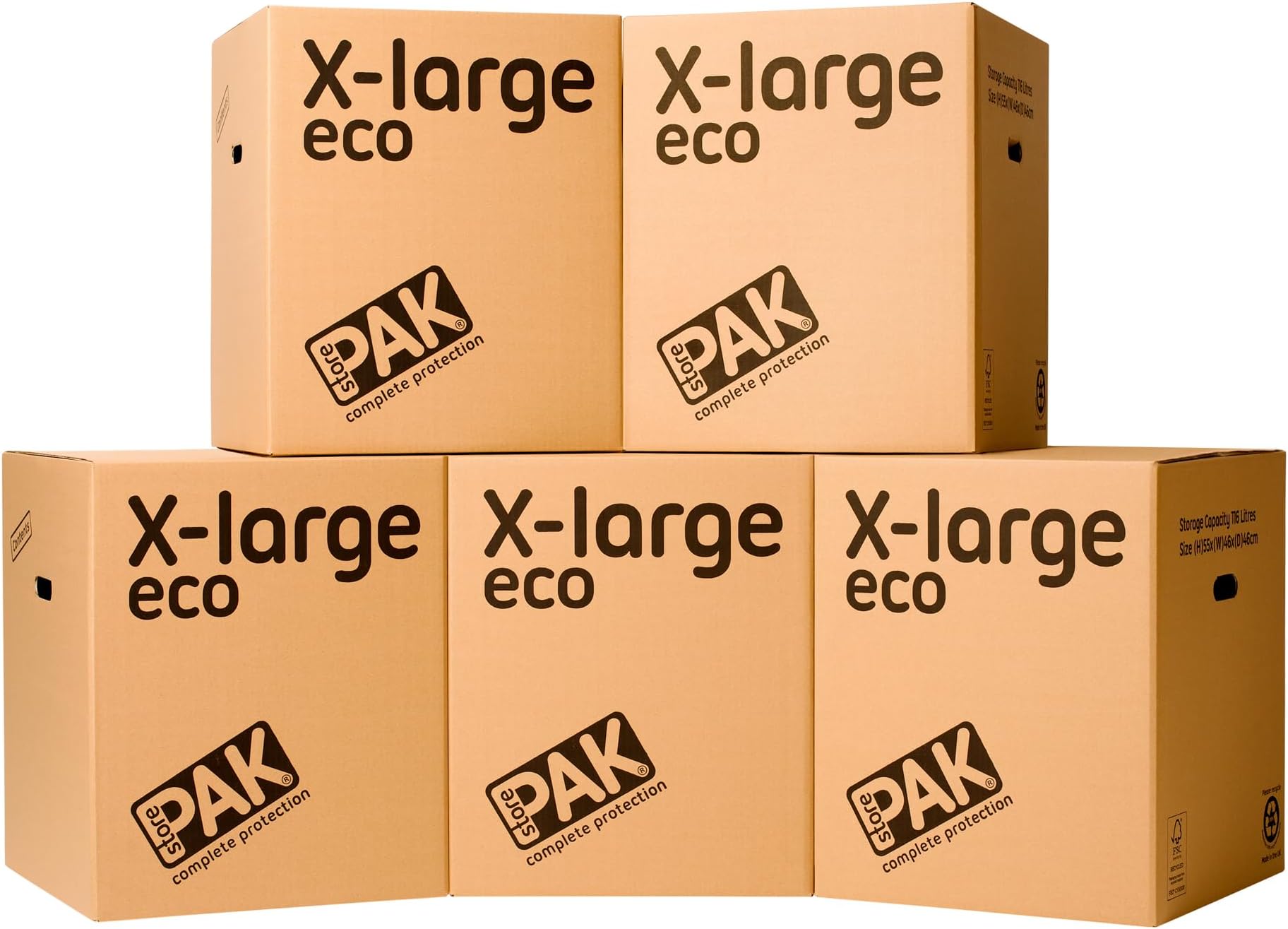 StorePAK Eco Archive Storage Moving Boxes with Handles - (Pack of 5) - 116 litres - 100% Recyclable - H55 x W46 x D46 cm - X-Large