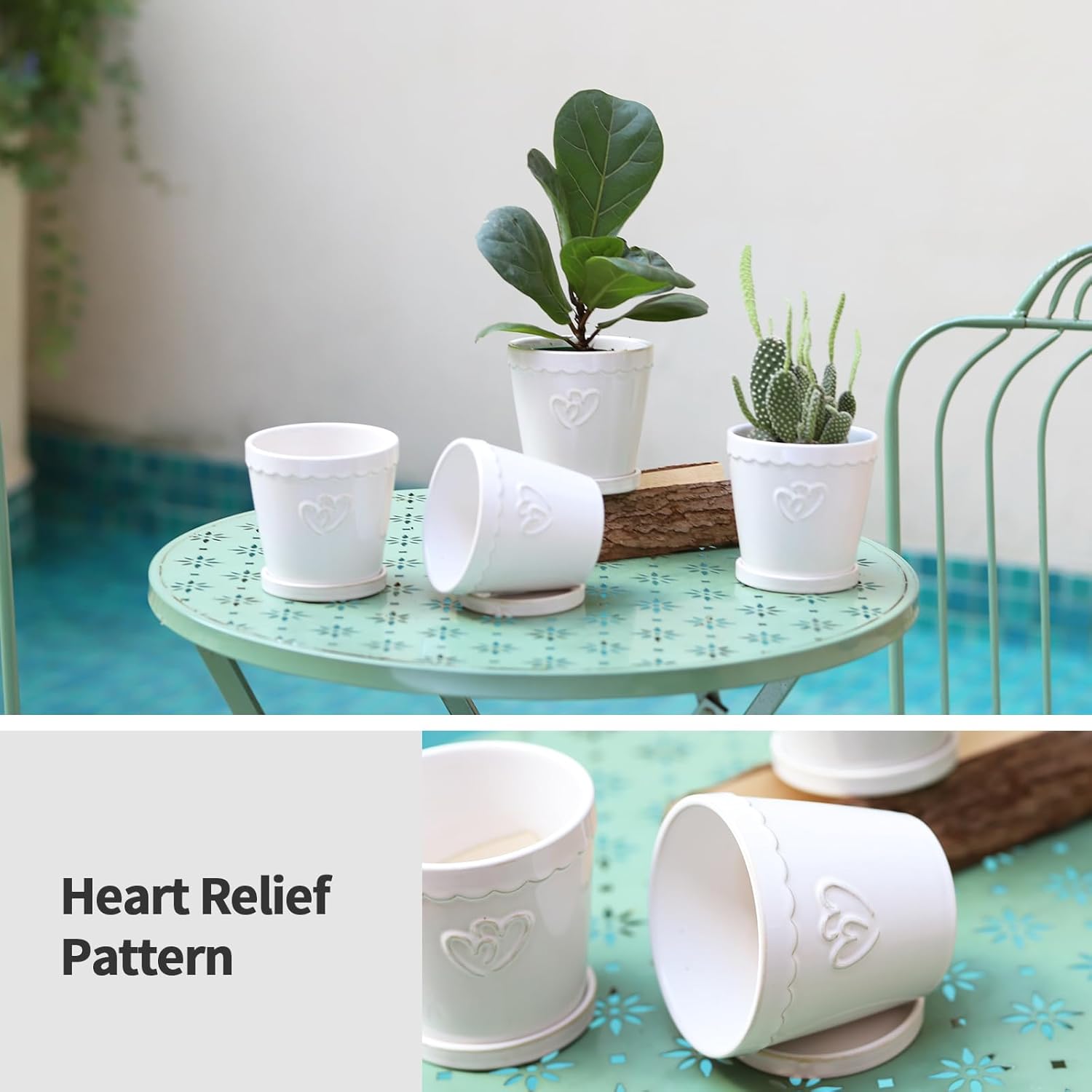 4.5 Inch Ceramic Planter Pots with Saucers, Cylinder Flower Pot with Drainage Holes for Indoor and Outdoor Plants, Succulent Orchid Little Snake Plants, Set of 4, White