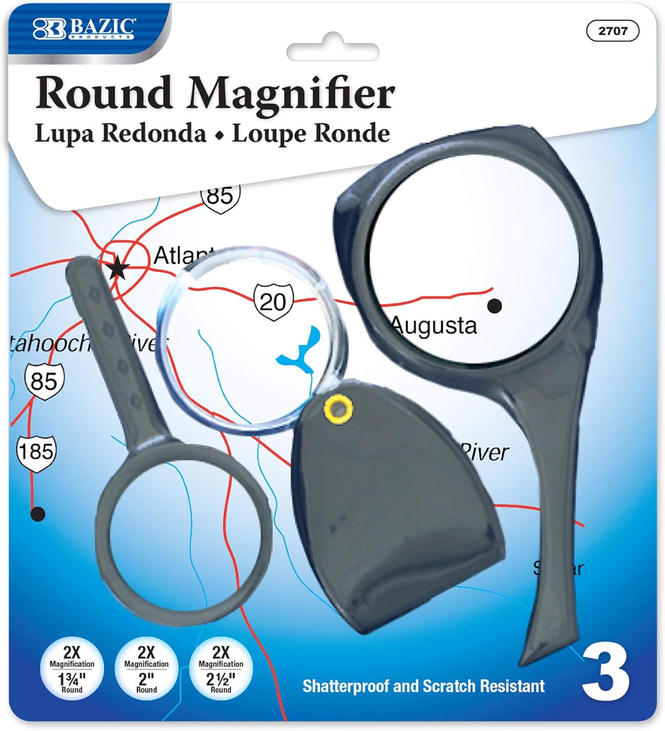 BAZIC Magnifying Glass Sets 2X, Round 2 1/2", 2", 1 3/4", Magnifier for Seniors Book Newspaper Reading Insect Inspection School Science (3/Pack), 1-Pack