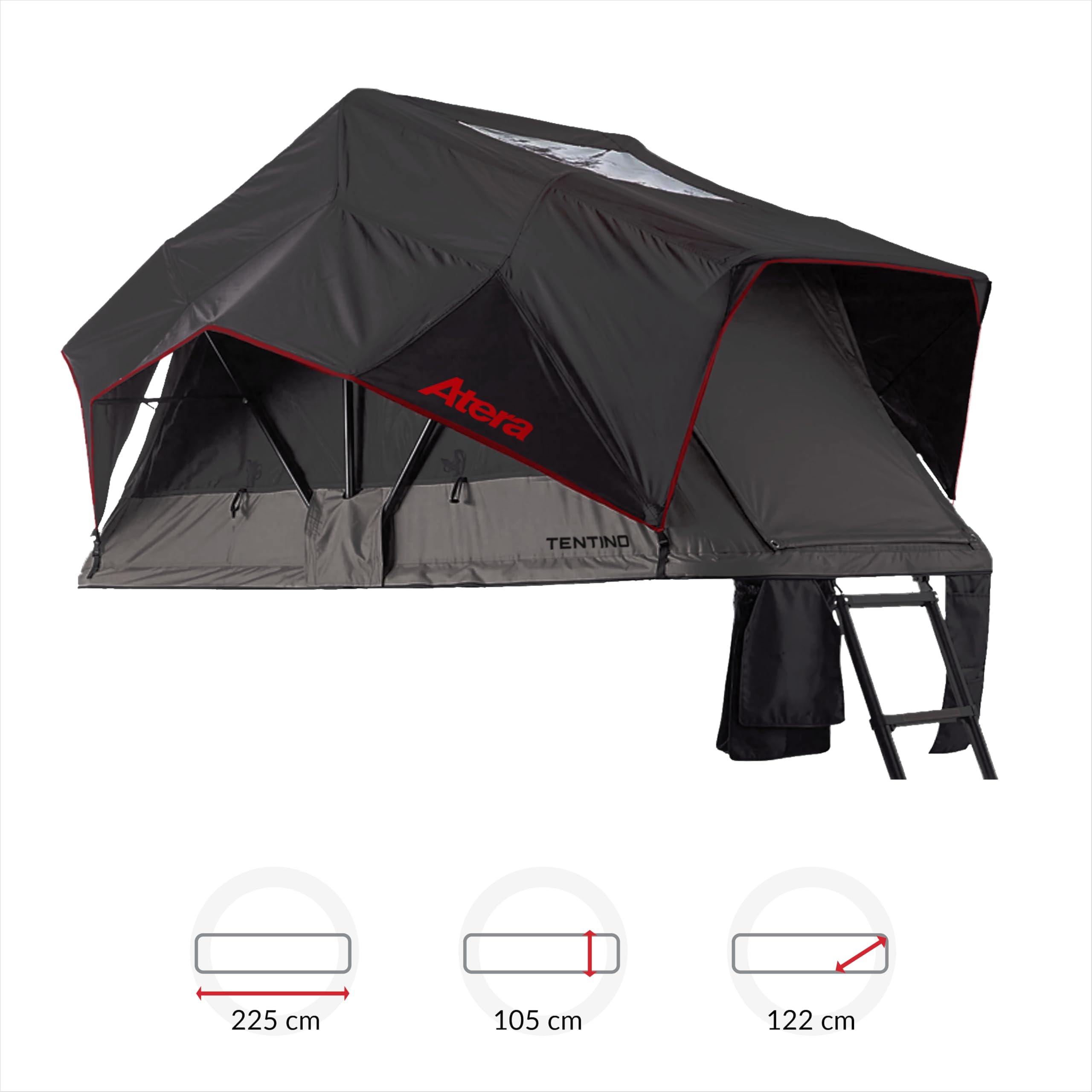Atera 082299 Tentino Leichtbau Autodachzelt mit 360° Panorama-Aussicht, Matratze - 225 x 122 cm Liegefläche, LED-Beleuchtung - Skyline-Fenster, Schwarz | mit 360° Panorama-Aussicht, Matratze & LED-Beleuchtung, Skyline-Fenster, Art. Nr. 082299