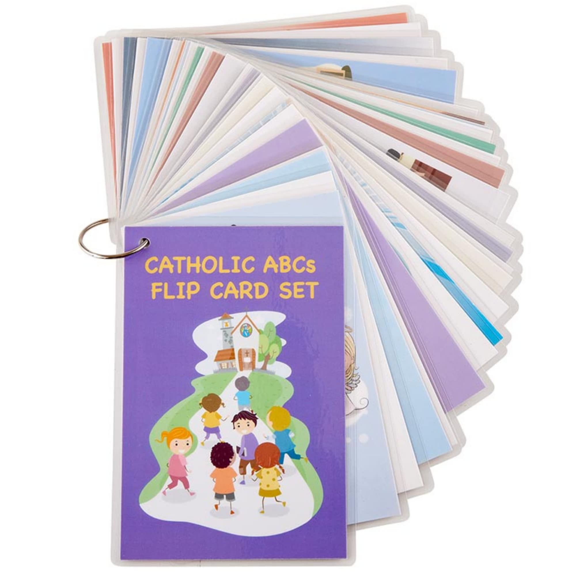 Needzo Catholic ABC Jumbo Flip Cards with Keyring, Educational Flash Card Set, Activities for On The Go (Pack of 54)