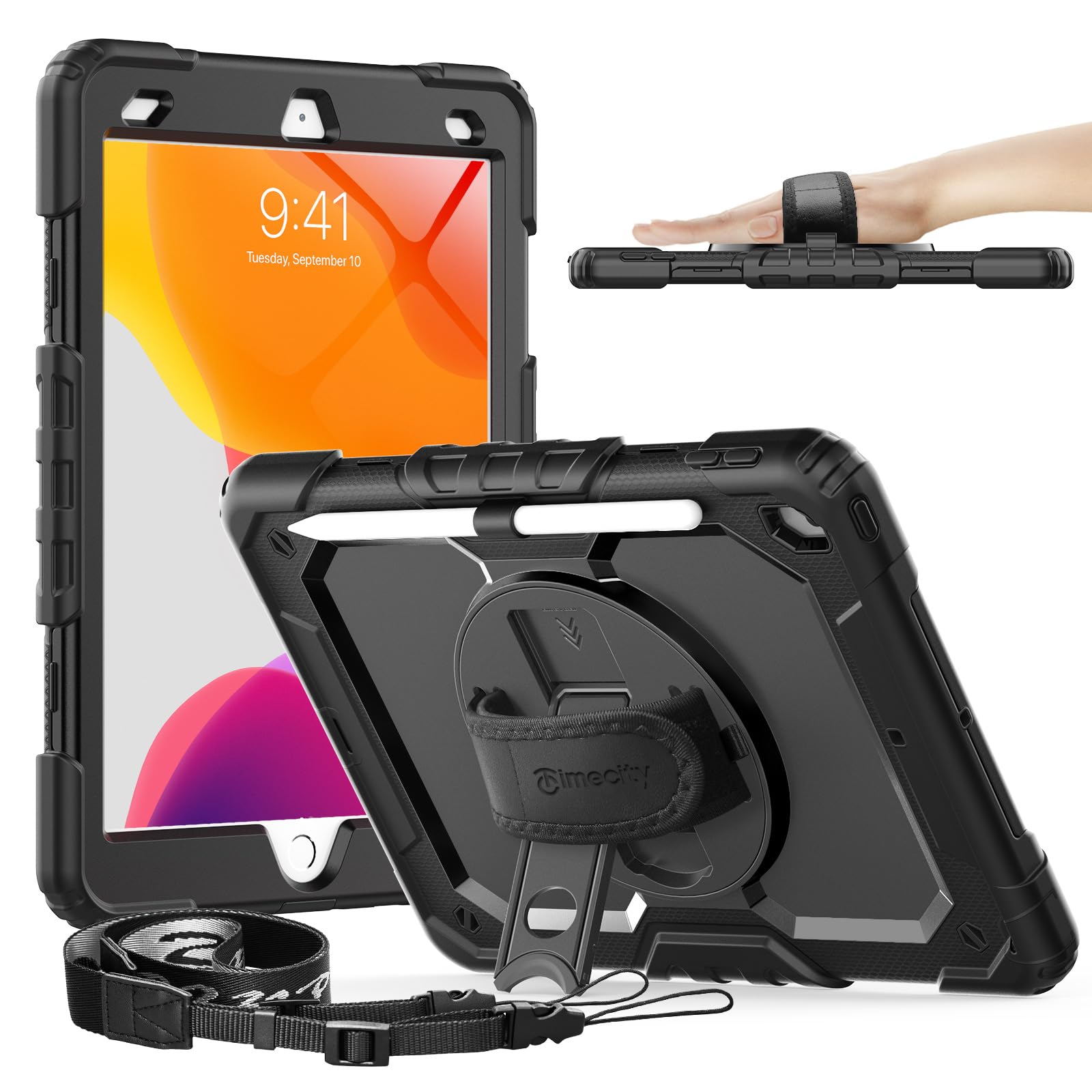 Gerutek Cover Custodia per iPad 9/8/7 Generazione (10,2 Pollici 2021/2020/2019), 9a/8a/7a Gen Custodia Silicone Resistente agli Urti con 360 Supporto Rotante e Tracolla per iPad 9, Blu