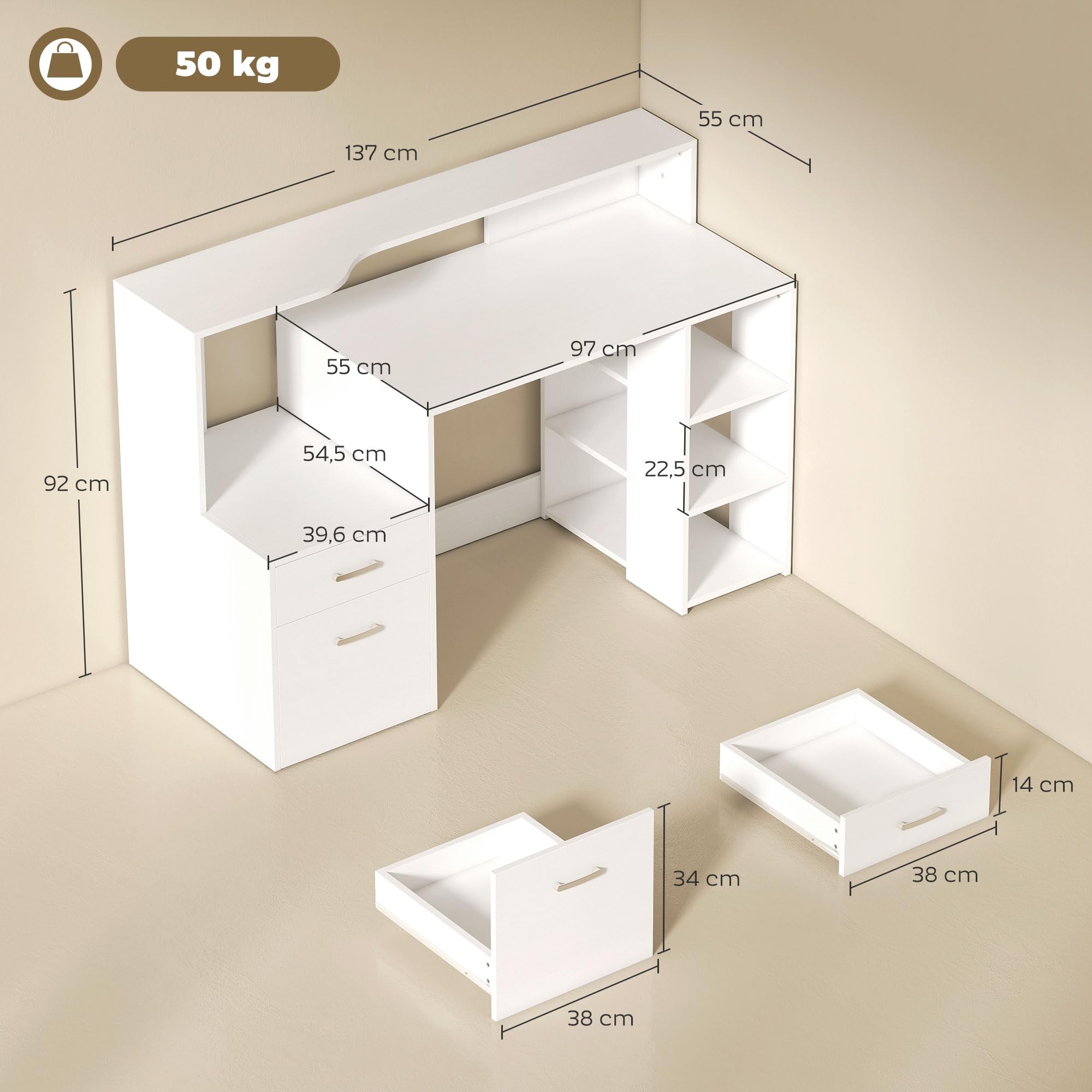 HOMCOM Scrivania per computer con 2 cassetti, 137 x 55 x 92 cm, colore: Bianco
