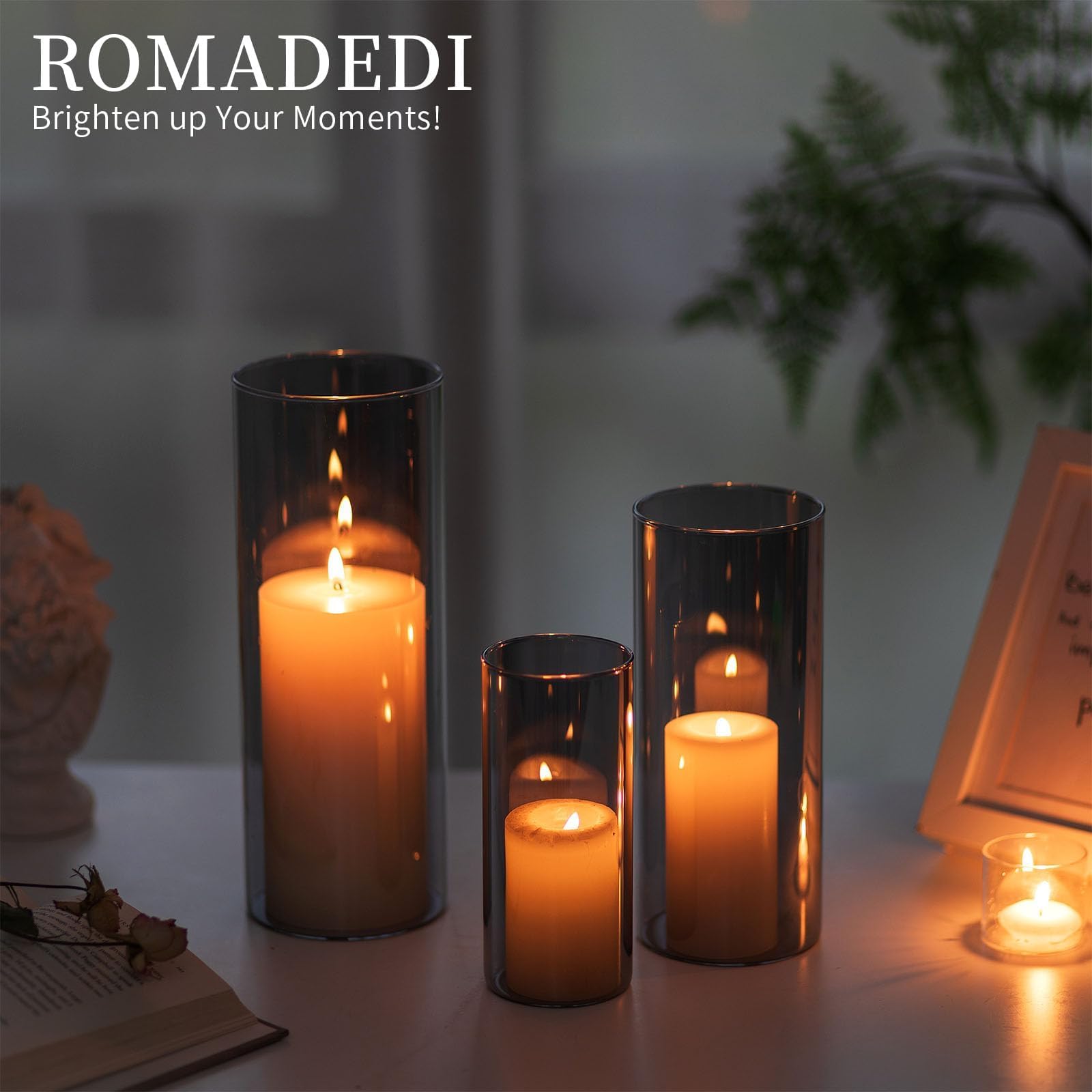 Romadedi Kandelaar glas windlicht kaarsglazen - 3-delige transparante kaarsenhouders voor drijvende kaarsen, stompkaarsen, glazen cilinder met bodem, pampasgras, vazen voor tafeldecoratie, woonkamer