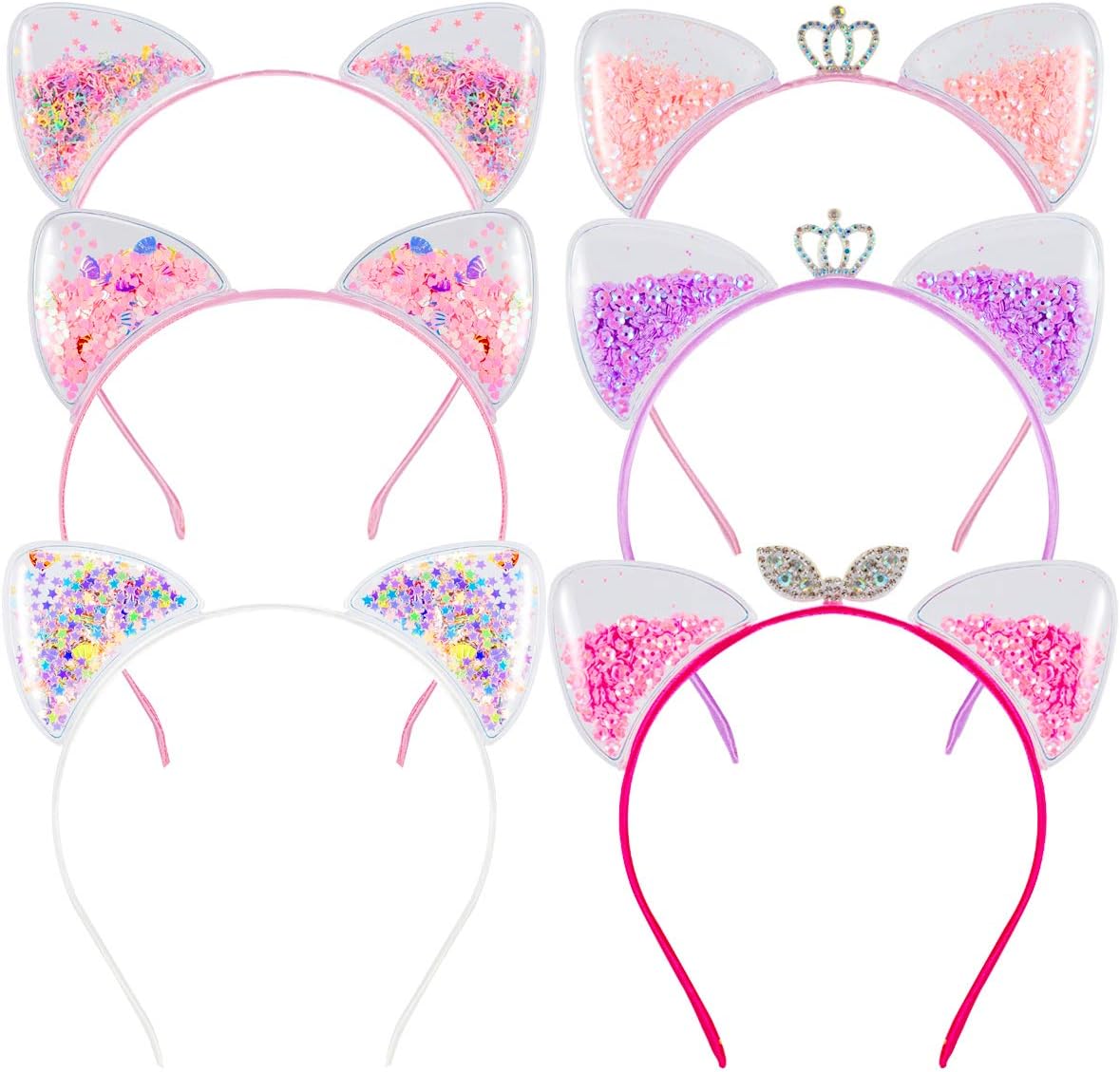 Madholly 6pcs Cute Transparent Quicksand Cat Ears Headband Set- Baby Girls Cat Ear Hair Hoops Hairbands Korean Children Princess Kids Hair Accessories for Christmas Gift Daily Wearing Party Decoration