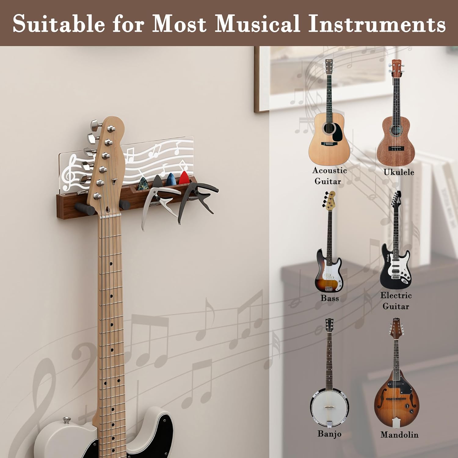 CoolGift Mart Guitar Accessories, Light Up Guitar Wall Mount, Musical Notes Design, Pick Holder with Guitar Capo Storage, USB Powered, Premium Wood and Acrylic, Gift for Music Lovers Guitarist