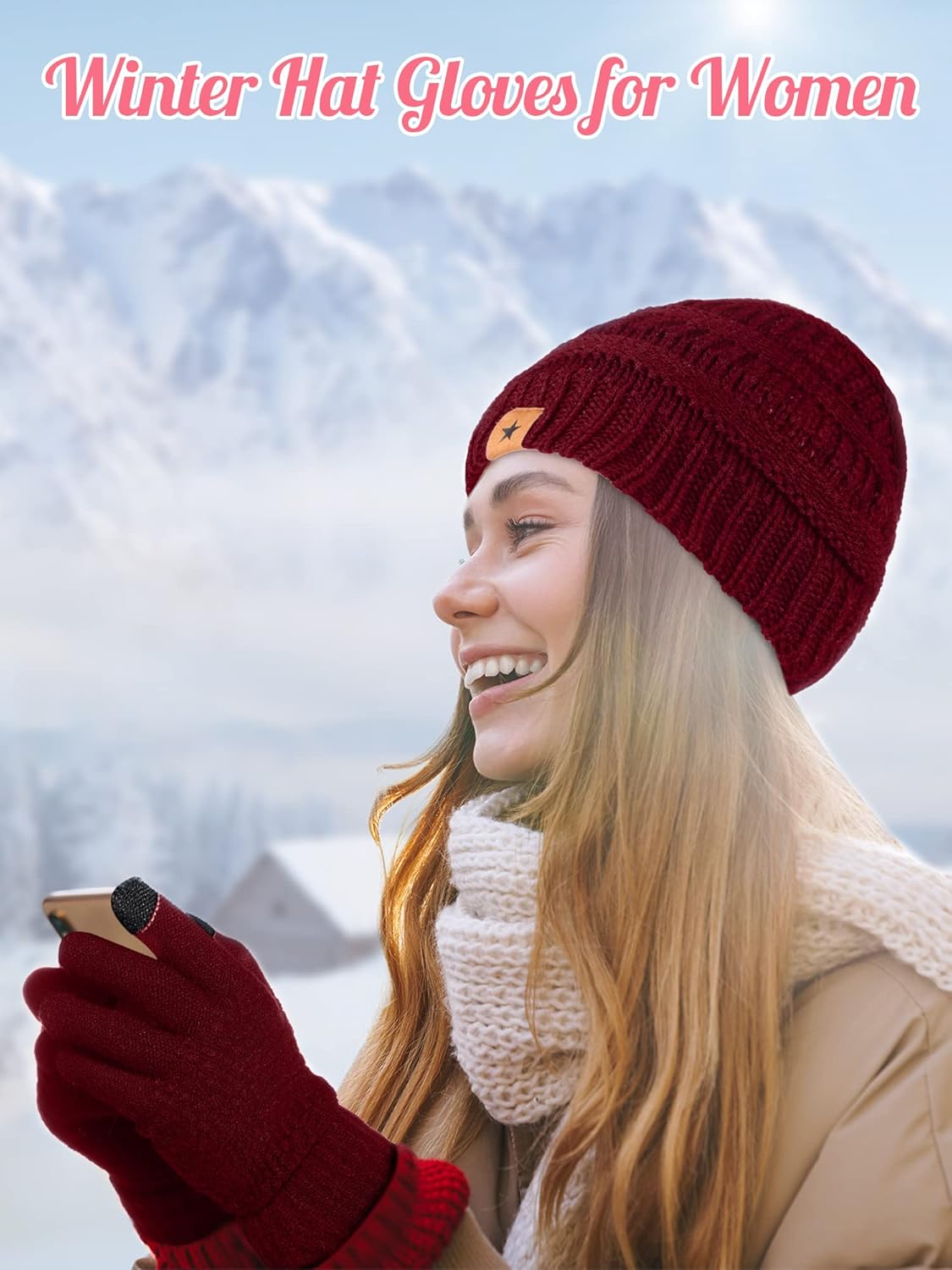 JaGely 8 Pieces Women Winter Hats and Gloves Set Women Warm Touchscreen Knitted Lined Gloves Winter Beanies - Image 6