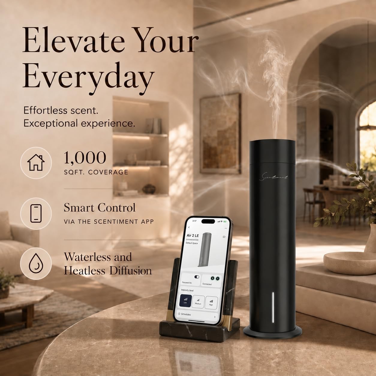 Diffuser Air 2 with Cold-Air Diffusion Technology | Covers 1,250 Sqft | Rechargeable Battery & Wi-Fi Control | 3 Luxury Hotel-Inspired Scents | The One, Ocean Breeze, Day Dream, Black