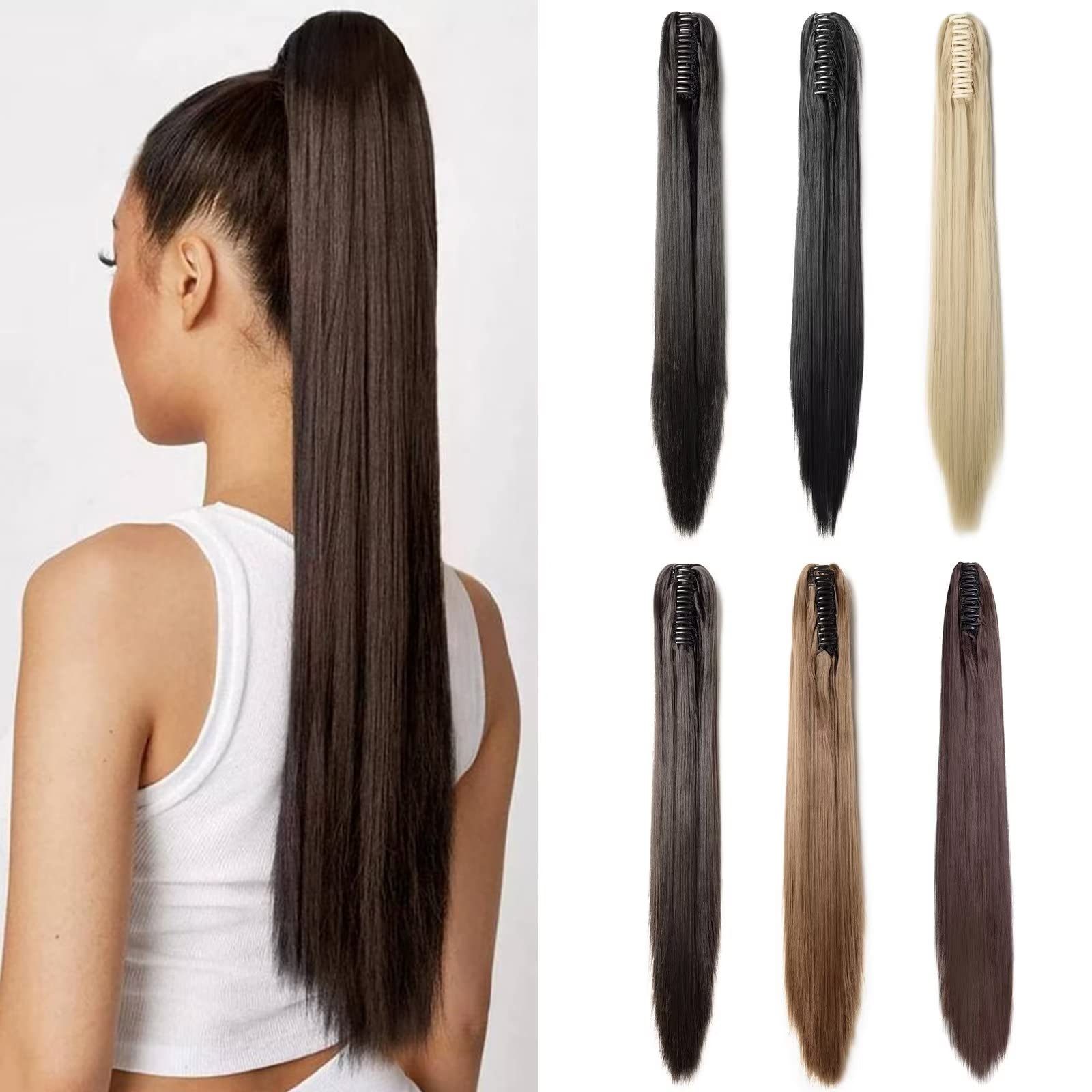 TESS Claw Clip in Ponytail Hair Extensions, 21 Inch Straight, Natural Black, Clip-In