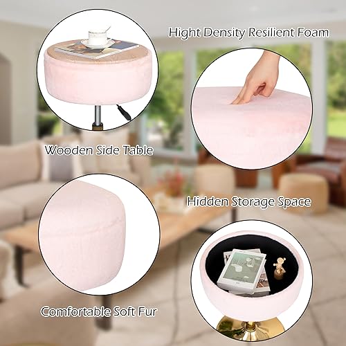 Miniatura 4 de Taburete de tocador rosa para sala de maquillaje, silla de tocador de piel sintética, otomana de almacenamiento redondo, reposapiés ajustable en