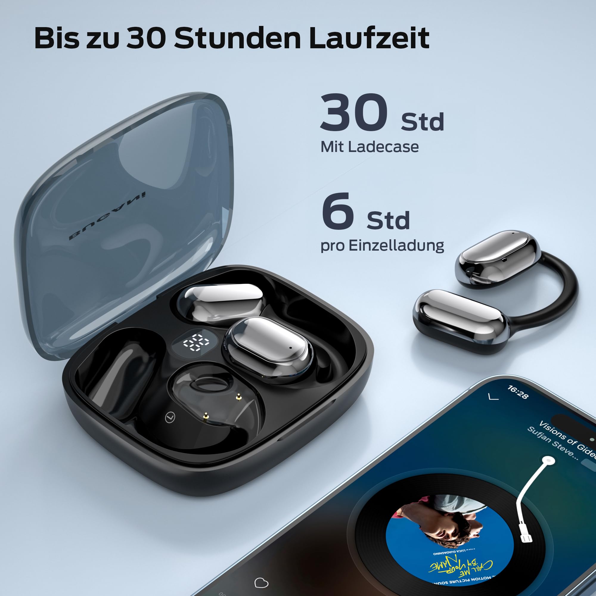 BUGANI Offene Bluetooth Kopfhörer Sport, Kopfhörer Kabellos mit Bügel BT5.4, 30 Stunden Akkulaufzeit, mit großem 16,2 mm Treiber, Ohrhörer Bluetooth mit Ohrhaken für iOS/Android Schwarz