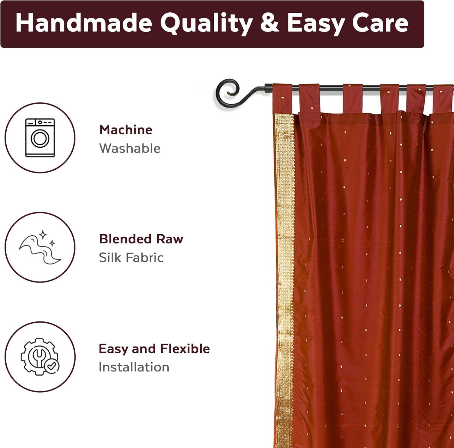 Indian Selections Rust Tab Top Sheer Sari Curtain/Drape/Panel - 60W x 84L - Pair