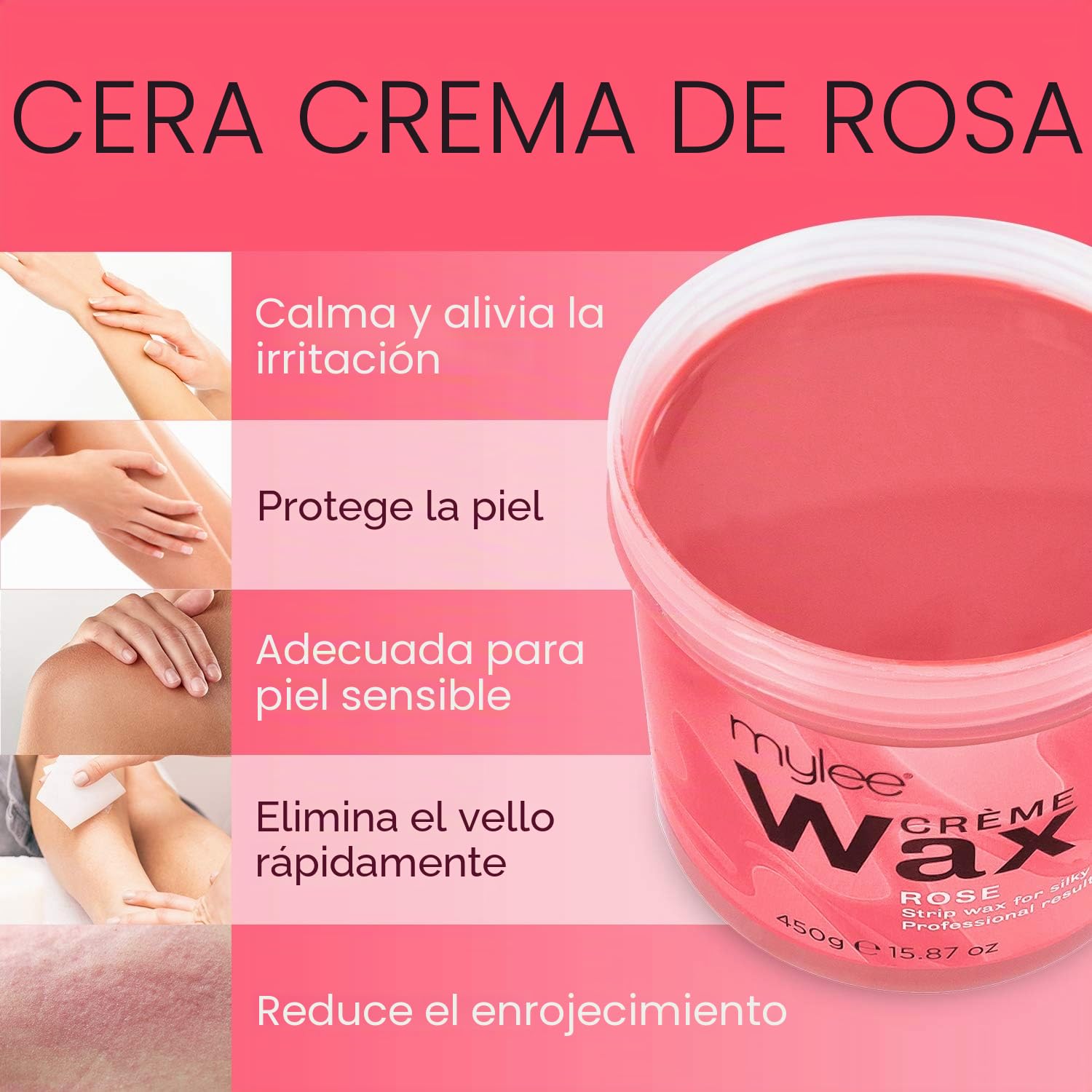 Kit Completo Mylee: Calentador de Cera de Calidad de Salón, Crema Suave, Tiras, Espátulas y Loción de Cuidado Previo y Posterior (Kit + Cera de Rosas)